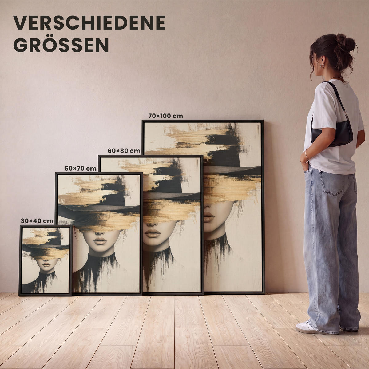LEINWAND Bilder mit Rahmen - Frau - Hut - Farbe - 70x100 - Goldfarben, Textil (70/100cm) - MuchoWow
