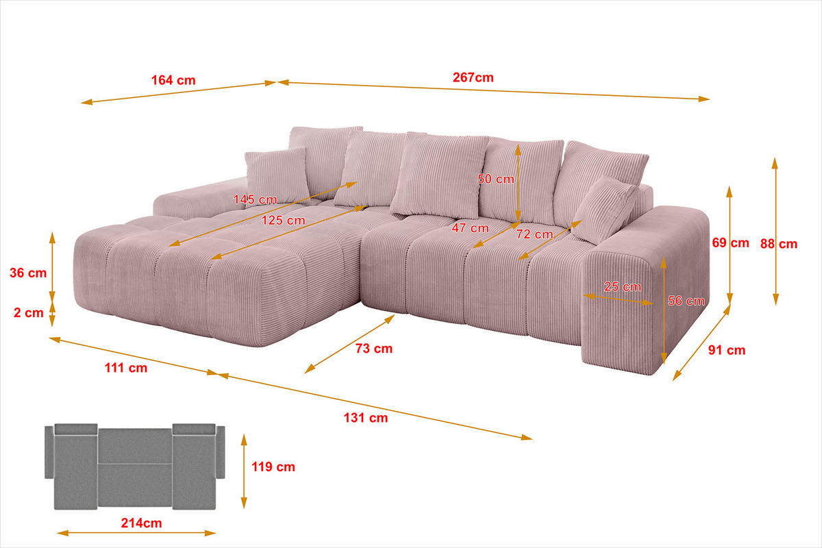 ECKSOFA Ottomane Links ENSI-L - 267x164x88 cm Rosa - Rosa, Holzwerkstoff/Kunststoff (267/164cm) - ALTDECOR
