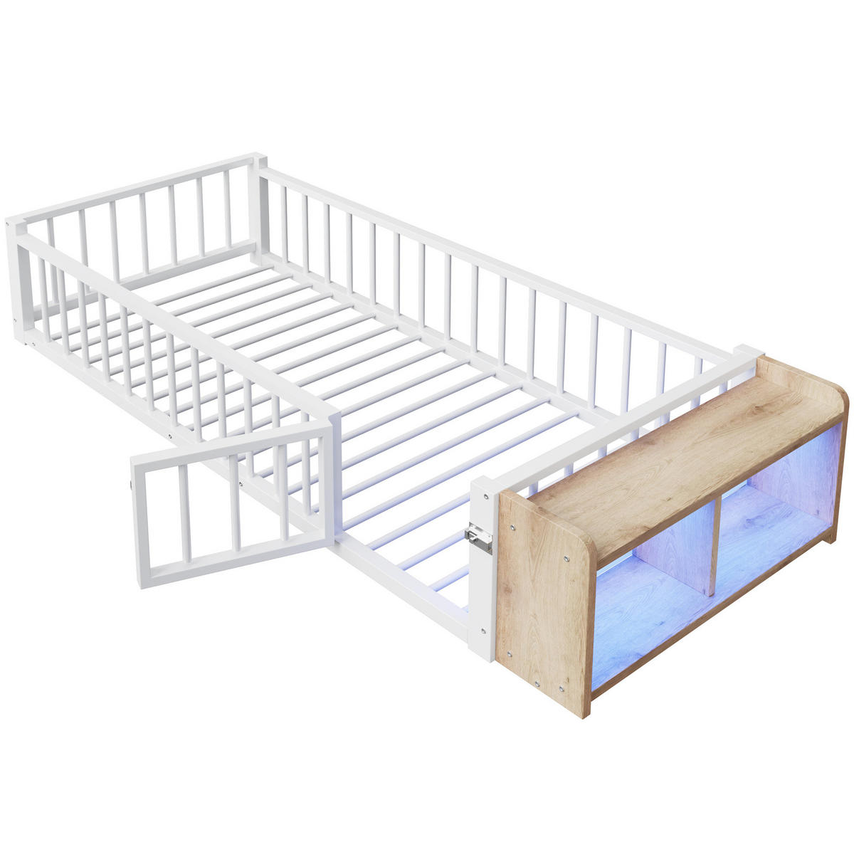 KINDERBETT 90/200 cm in Weiß mit Schutzgeländer, LED-Beleuchtung und Staufach - Weiß, Holzwerkstoff (90/200cm) - BEAOK