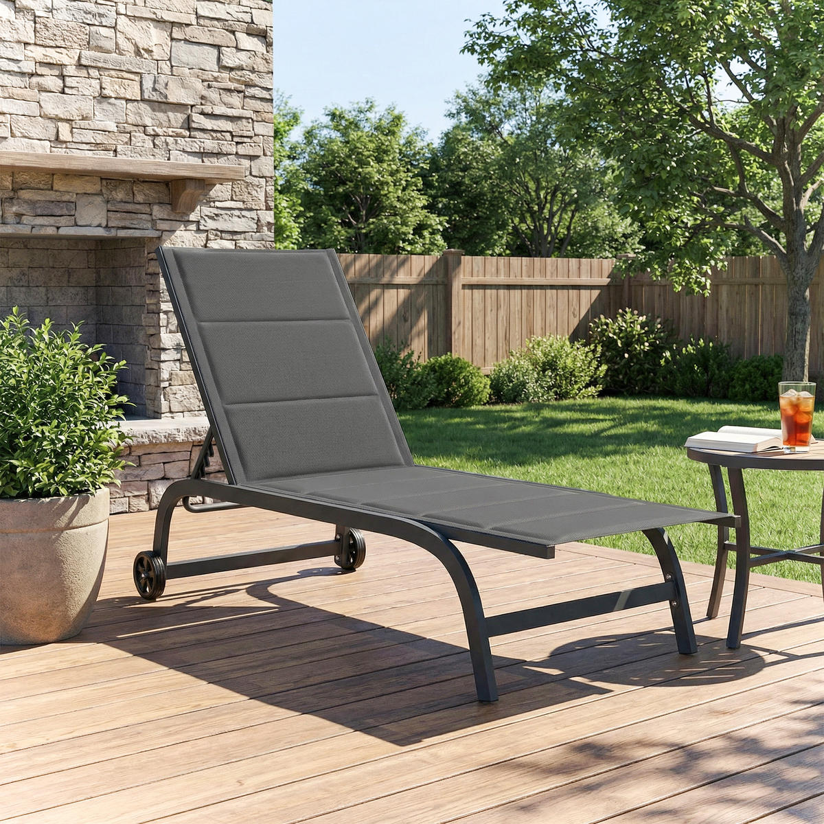 SONNENLIEGE Atmungsaktive Gartenliege mit 6-fach Verstellbar Rückenlehne Rädern Aluminiumrahmen Dunkelgrau - Dunkelgrau, Metall (165/94/62cm)