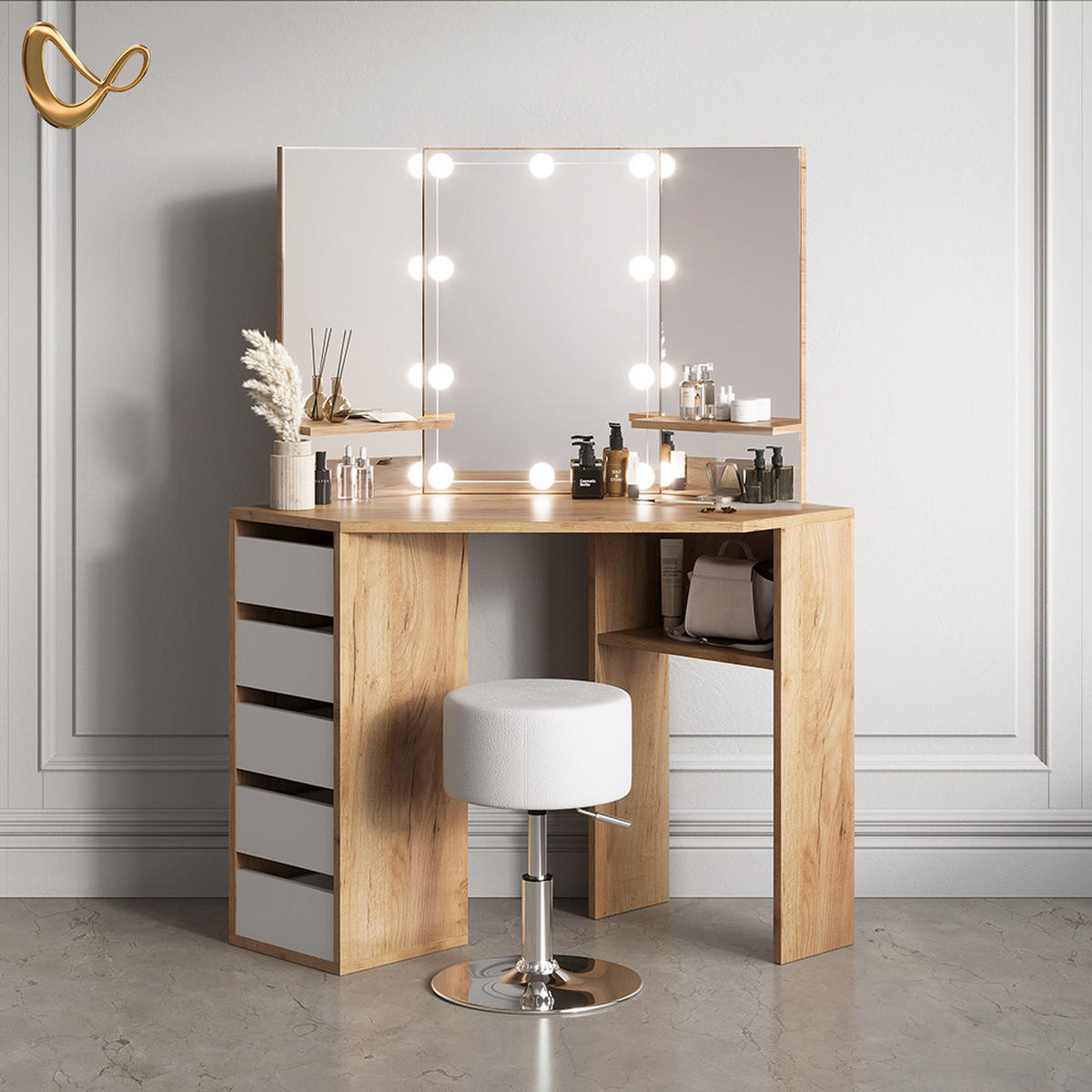 ECKSCHMINKTISCH Enna Goldkraft Eiche 110 cm mit LED Beleuchtung und Hocker - Honigeiche, Holzwerkstoff (110/141.5/54cm) - Livinity®