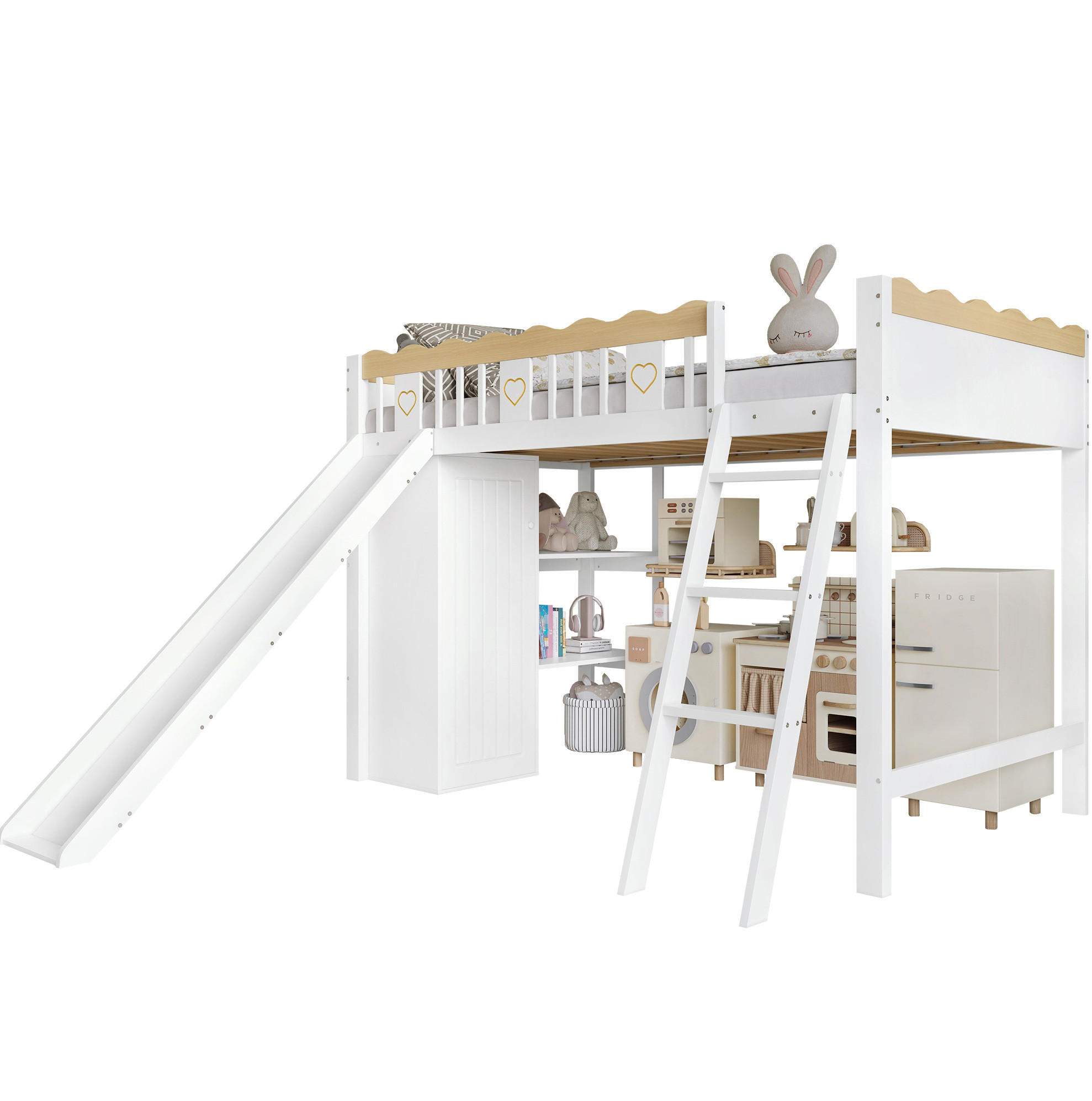 HOCHBETT 90/200 cm Weiß+Natur aus Kiefernholz und MDF mit Rutsche und Stauraum - Weiß, Holz (90/200cm) - OKWISH