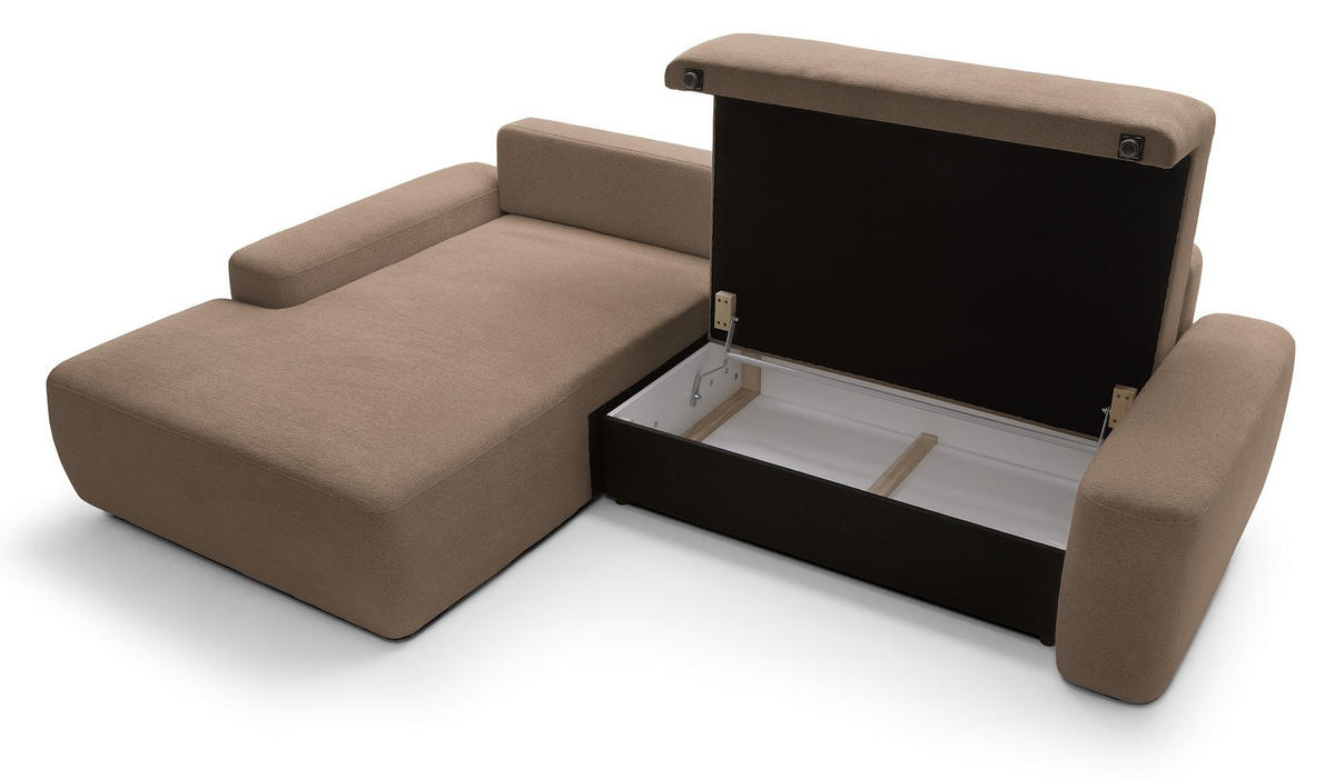 ECKCOUCH mit Schlaffunktion Orea M, 265 cm, Bettkasten, Links, Dunkelbraun - Dunkelbraun, Holz (264/162cm) - Emporius