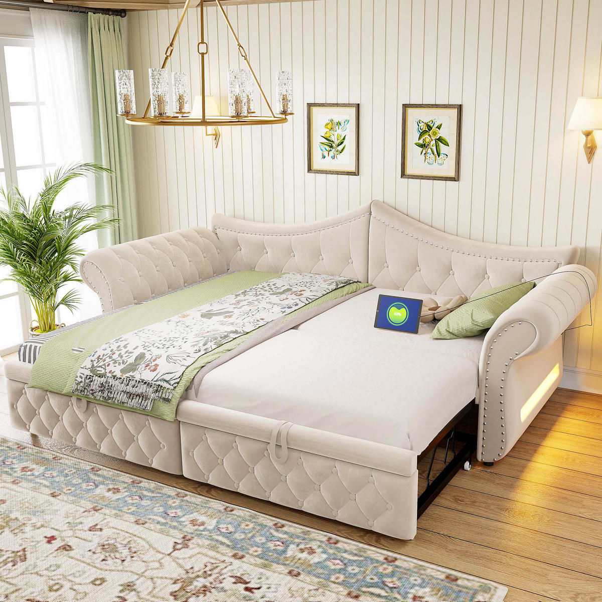 AUSZIEHBETT 90/180/200 cm mit USB und LED, DE-41723, in Beige - Beige, Metall (90/200cm) - ComfortXL