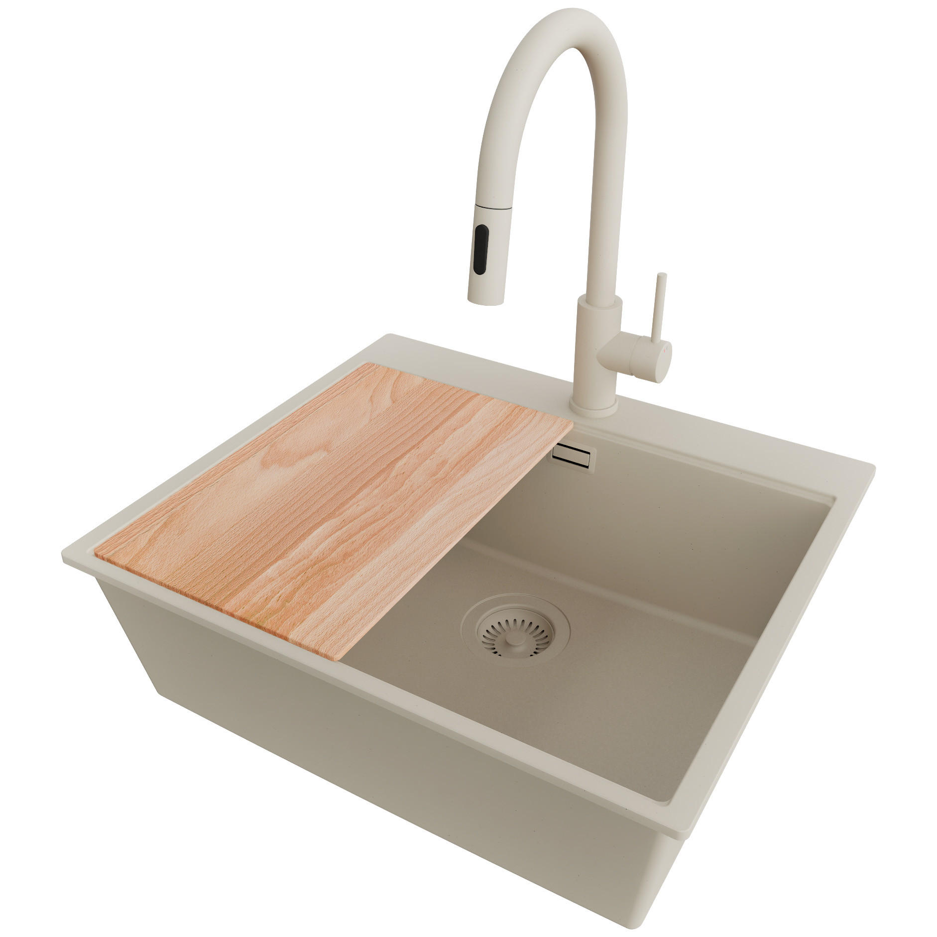 GRANITSPÜLE Oslo, 2-er set Beige 58/50 cm 1 Becken + Küchenarmatur 40/20 cm + Ablauf-Set + Schneidebrett ab 60er Unterschrank - Beige, Kunststoff (58/20/50cm) - Primagran