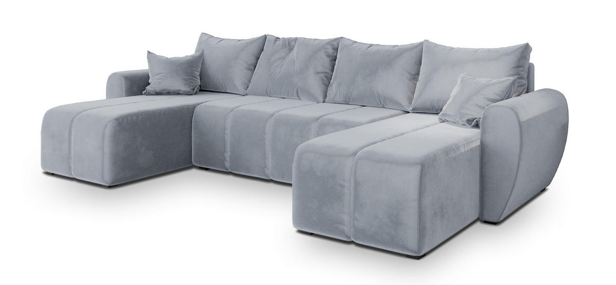 WOHNLANDSCHAFT MADISON U Hellgrau Plüsch-Stoff mit Schlaffunktion - Hellgrau, Holz (311/82/145cm) - MASSENO