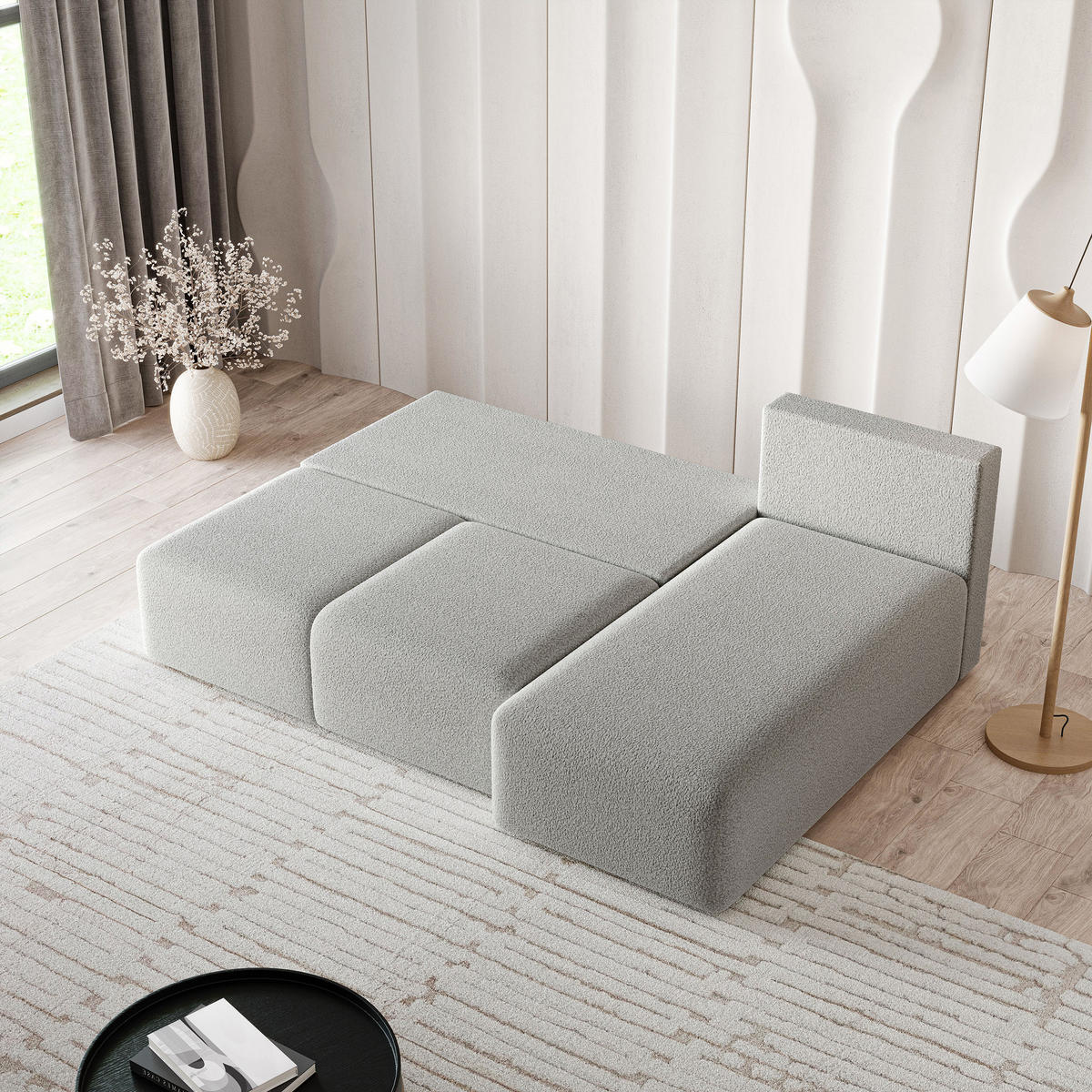 ECKSOFA TRAMA Hellgrau Boucle-Stoff mit Schlaffunktion - Hellgrau, Holz (200/143cm) - MASSENO