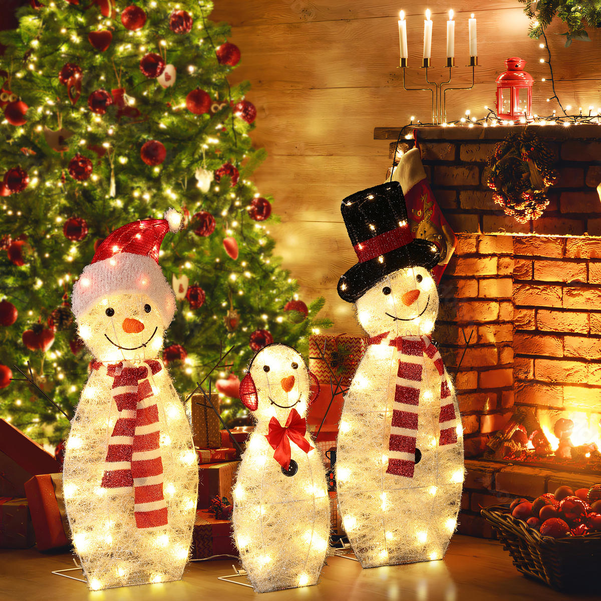 LED-SCHNEEMANN-FAMILIE (3er-Set), IP44 für Innen/Außen | Warmweiß - Weiß, Textil (159/79/20cm) - Hometopia