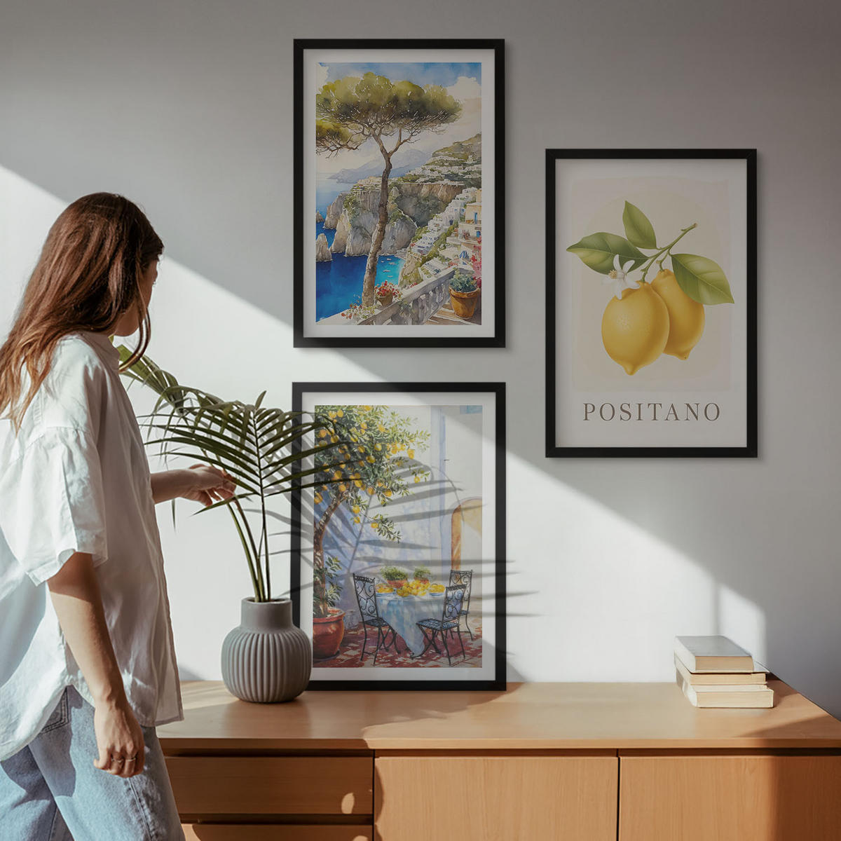 BILDER SET 3er Set - 40x60 cm Schwarzer Rahmen - Ansichten von Positano mit Zitronen - Schwarz, Kunststoff (40/60cm) - TULUP