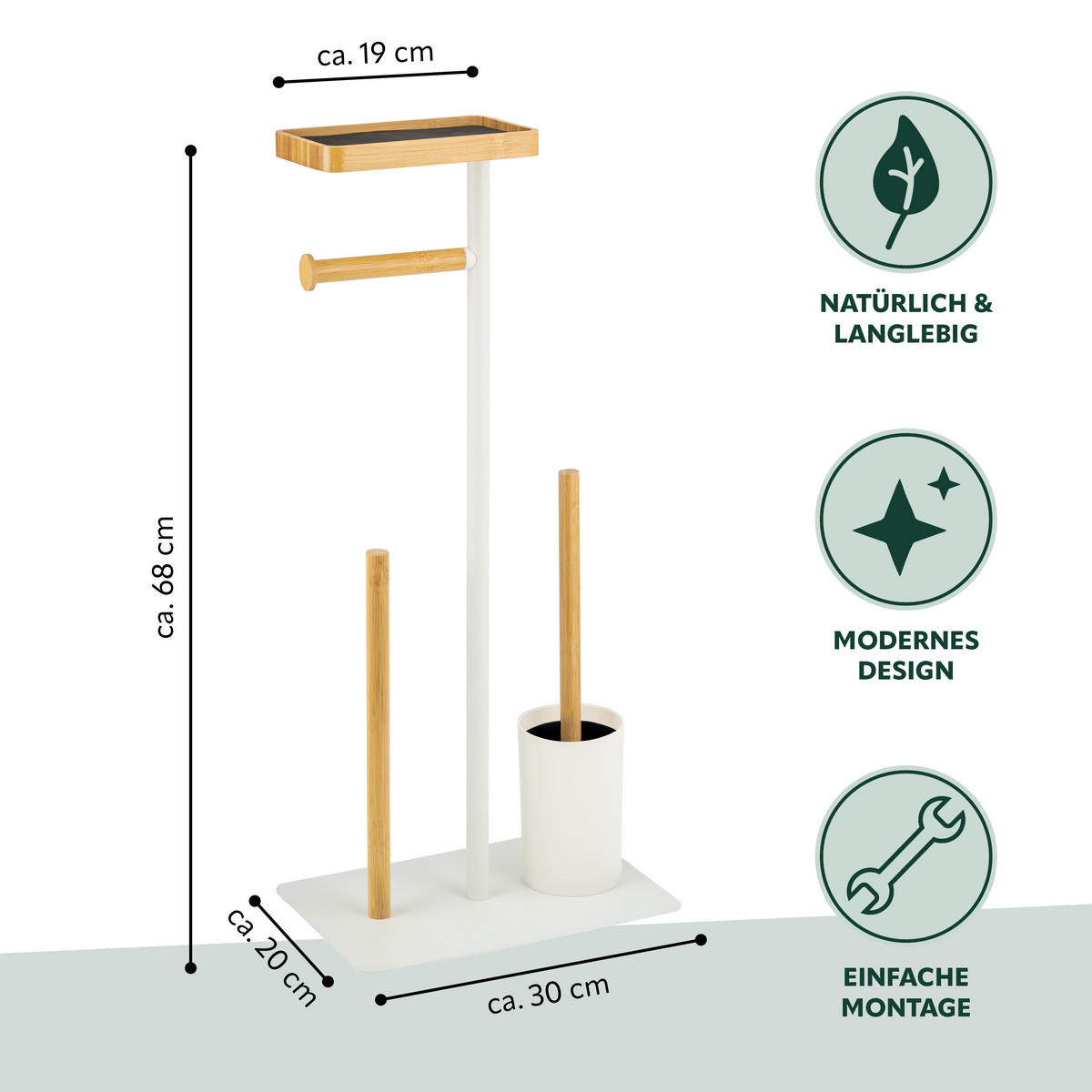 STAND-WC-GARNITUR 4in1, Bambus/Metall weiß - Weiß, Metall (30/68/18cm) - eluno