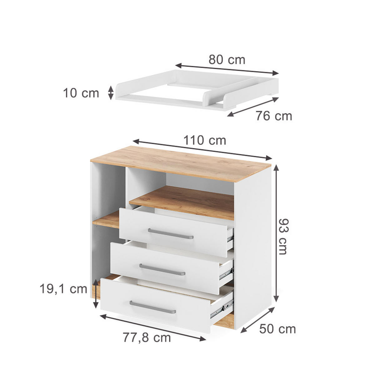 PREVIJALNA OMARA Olina, Bela/Zlati hrast z močjo, 110 x 93 cm - bela/medeni hrast, leseni material (110/93/50cm) - Vicco