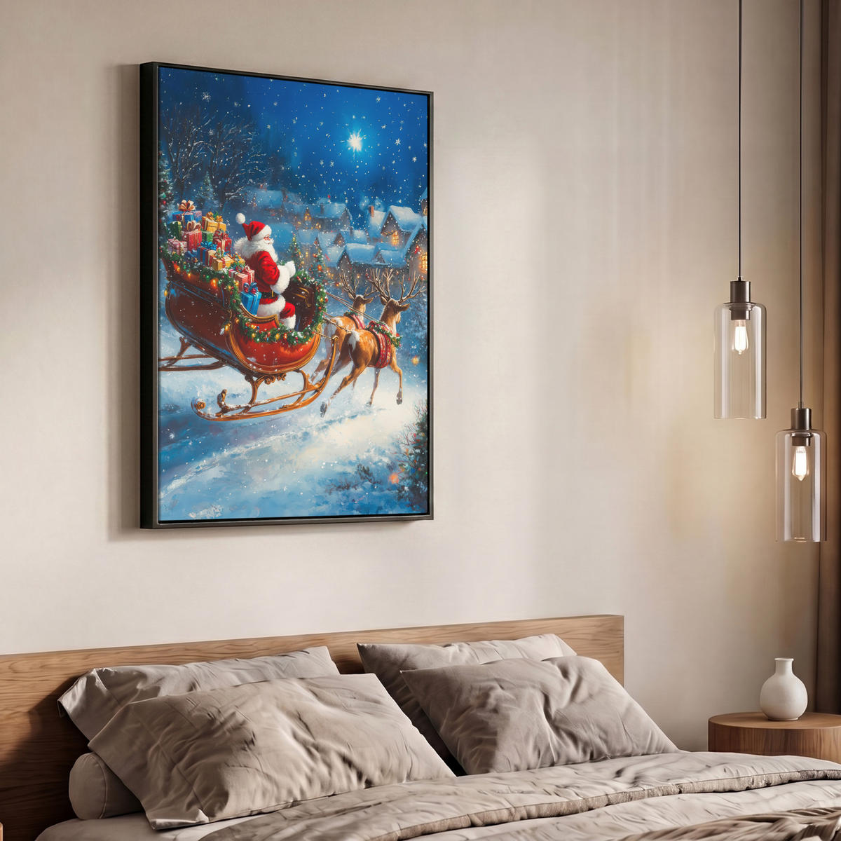 LEINWAND Bilder mit Rahmen - Weihnachtsmann - Rentier - Weihnachten - Schnee - 70x100 - Cognac, Textil (70/100cm) - MuchoWow