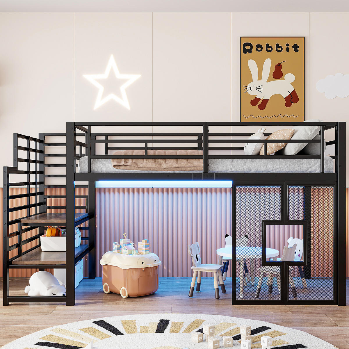HOCHBETT 90/200 cm mit Stauraumtreppe, LED-Beleuchtung und Fenstern aus Metall, Schwarz - Schwarz, Metall (90/200cm) - Redom
