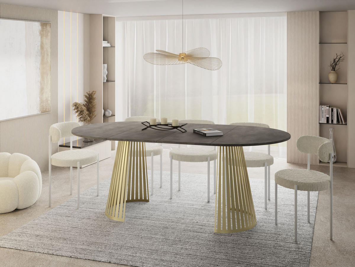 ESSTISCH Naro rund ausziehbar mit Goldenem Lamellen-Metallgestell, Beton-Optik Dunkelgrau 100-180/100/76 cm - Dunkelgrau/Goldfarben, Holzwerkstoff/Metall (100/100/76cm) - WFL GROUP