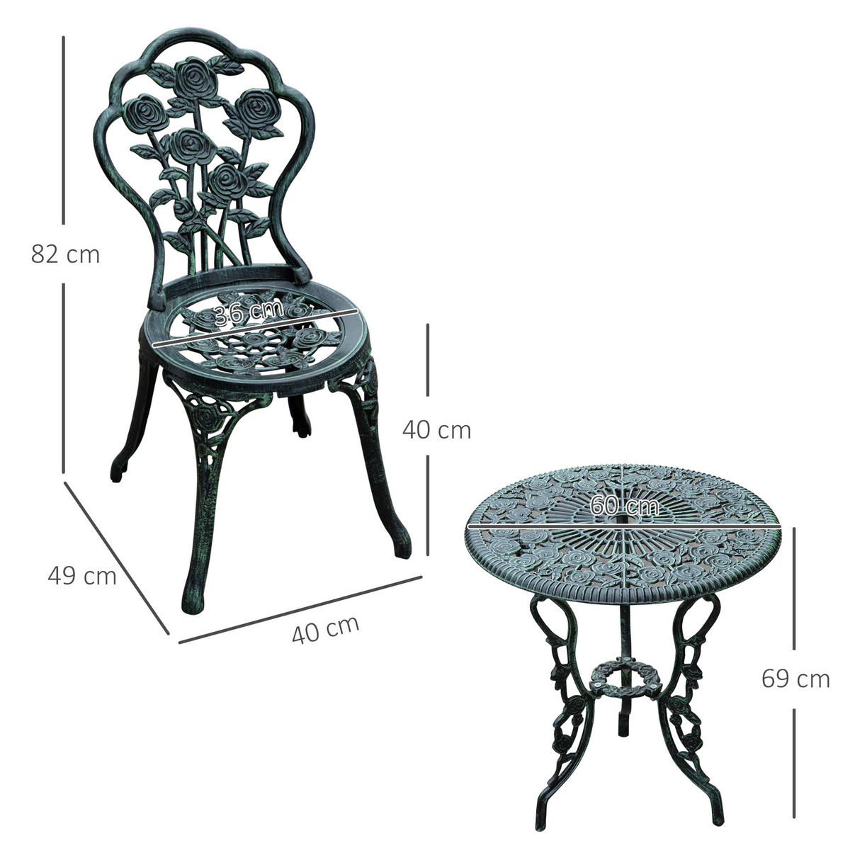 BISTROSET Ø60/69 cm mit 2 Stühlen, Antik-Look aus Metall, Grün - Grün, Metall - Redom