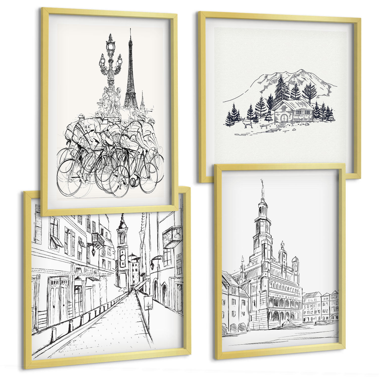 BILDER SET 4er Set - 50x50 cm & 40x60 cm Goldrahmen - Einfache Zeichnungen von Stadtansichten - Goldfarben, Kunststoff (50/50cm) - TULUP