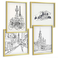 BILDER SET 4er Set - 50x50 cm & 40x60 cm Goldrahmen - Einfache Zeichnungen von Stadtansichten - Goldfarben, Kunststoff (50/50cm) - TULUP