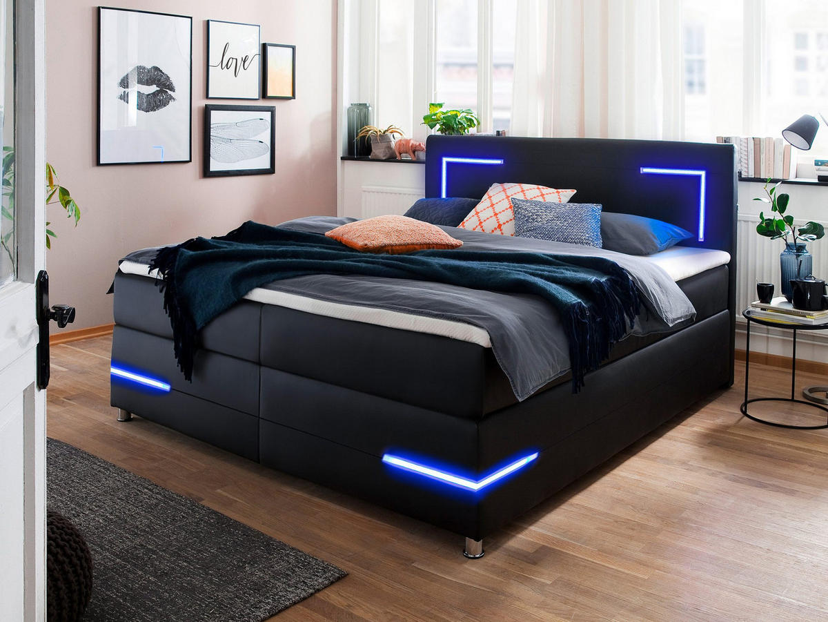BOXSPRINGBETT Lights 2.0 Schwarz 160/200 cm H2/H3 Kunstleder - Schwarz, Textil (160/200cm) - wonello