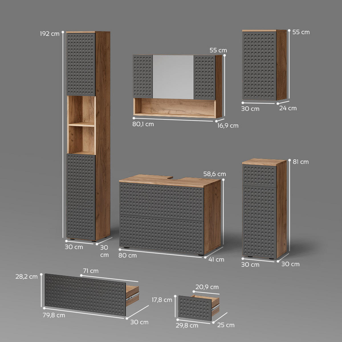 BADMÖBEL-SET Ronco Anthrazit gepunktet 5 Teile - Anthrazit/Eiche Wotan, Holzwerkstoff (80/58/41cm) - Livinity®