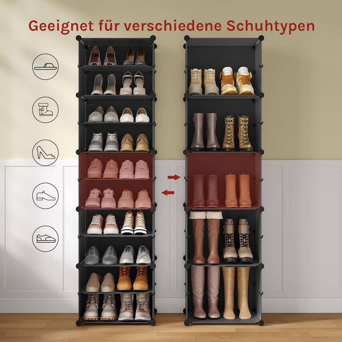 SCHUHREGAL mit 10 Fächern, Schwarz+Weiß - Schwarz/Weiß, Kunststoff/Metall (94/180/36.5cm) - Woltu