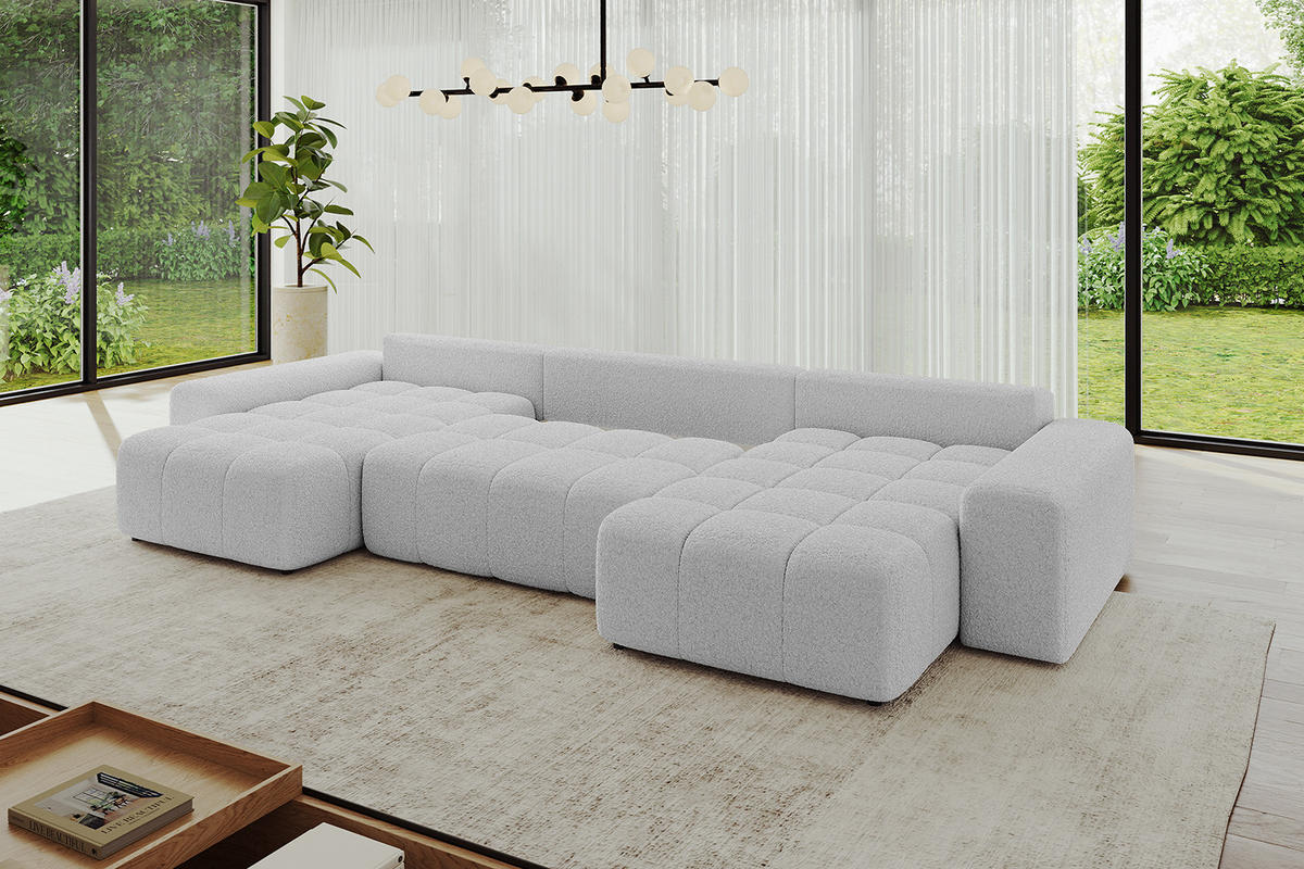 WOHNLANDSCHAFT ENIL-U 390x175x84 Hellgrau Bouclé - Hellgrau, Holzwerkstoff/Kunststoff (390/84/175cm) - ALTDECOR