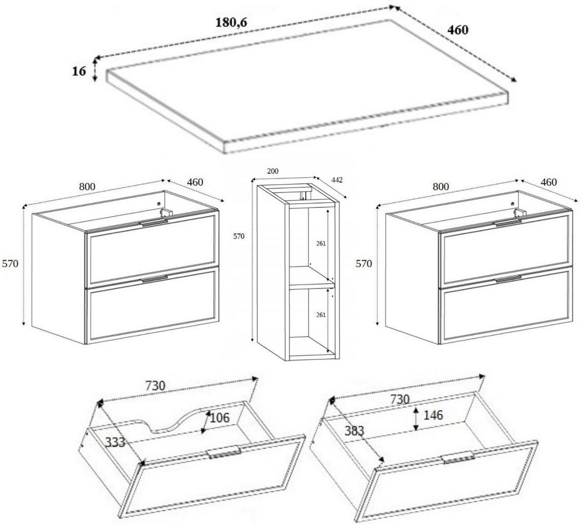 BADEZIMMERSCHRANK, Kaschmir / Craft-Eiche, Schwarze Griffe, 180 ( 2 x 80 + 20) x 46 x 57 cm - Kaschmir/Eichefarben, Holzwerkstoff/Kunststoff (180/57/46cm) - 3XE LIVING