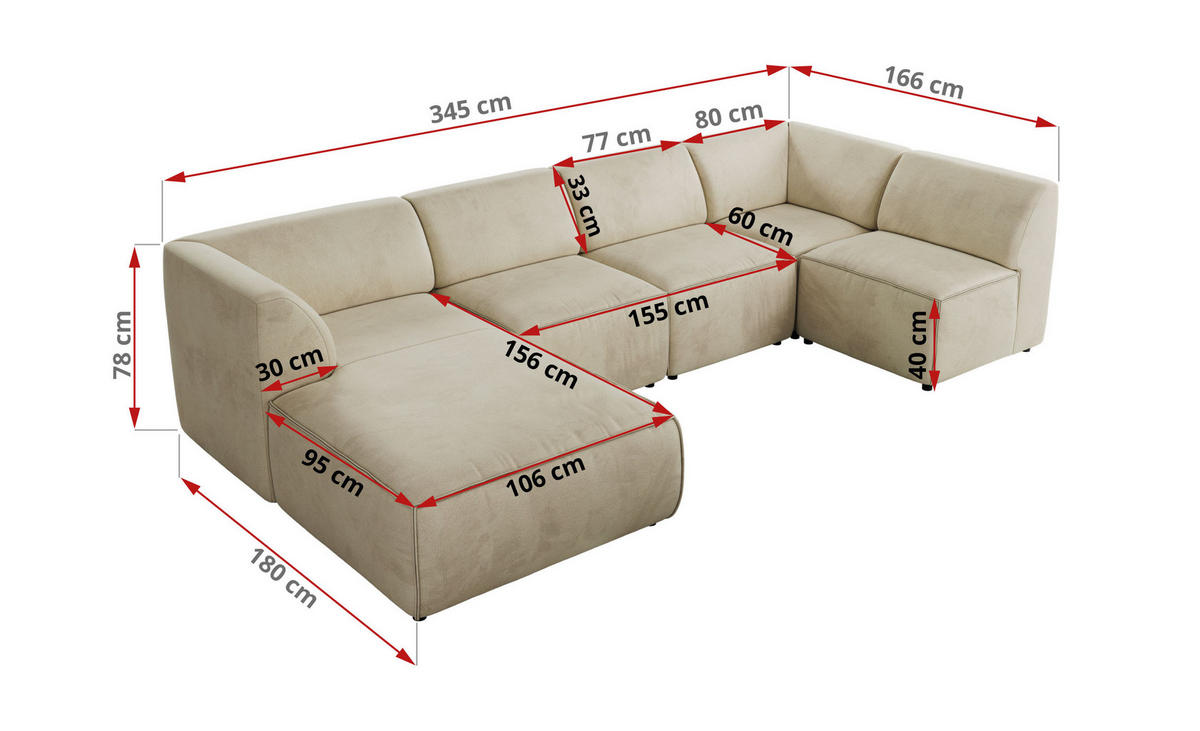WOHNLANDSCHAFT MODARO U 5M - Beige Velvet - Rechts - Beige/Schwarz, Textil (345/78/180cm) - MKS