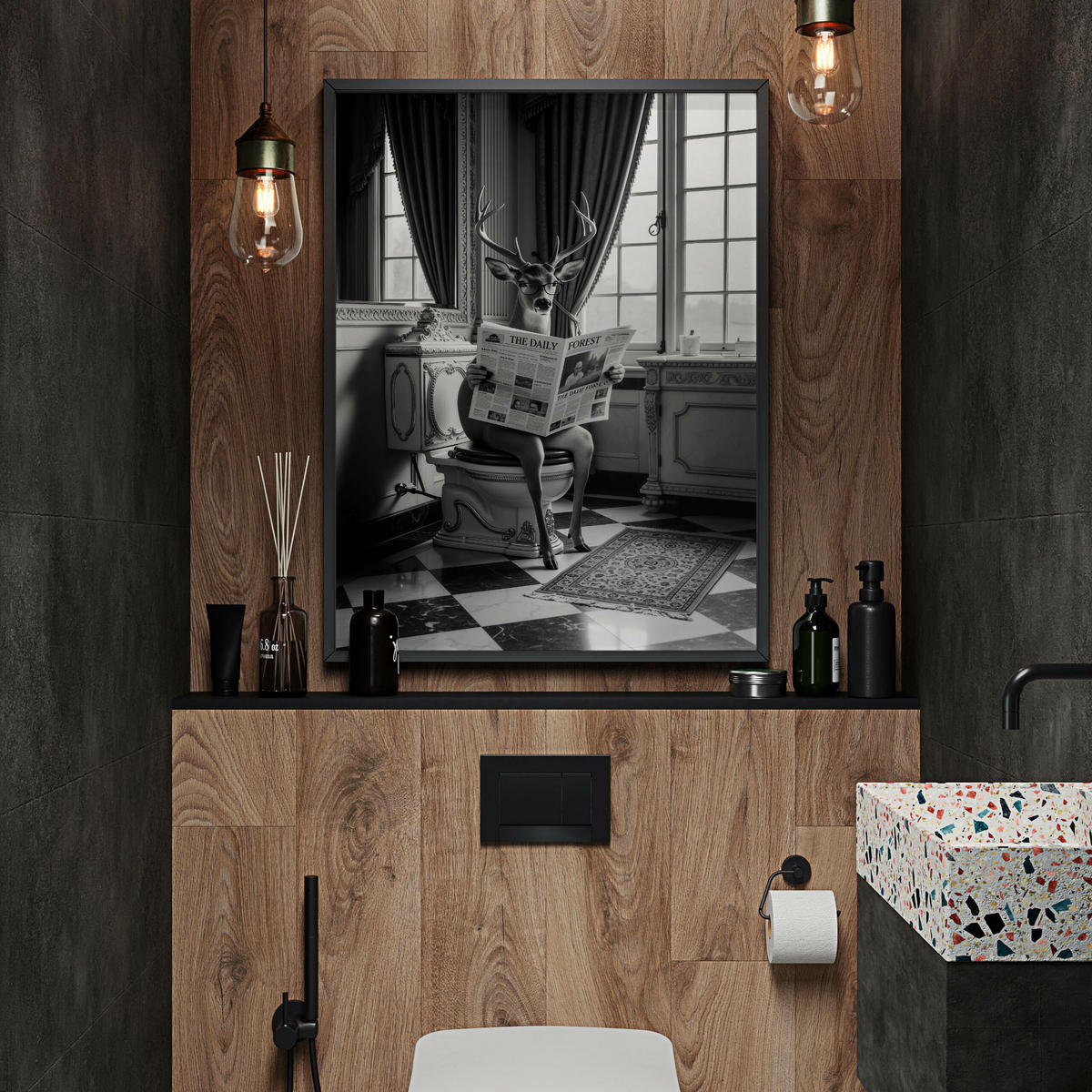 POSTER für Badezimmer WC HIRSCH in der Toilette Schwarz-Weiß Abstraktion 30x40cm - Schwarz/Weiß, Papier (30/40/1cm) - Muralo