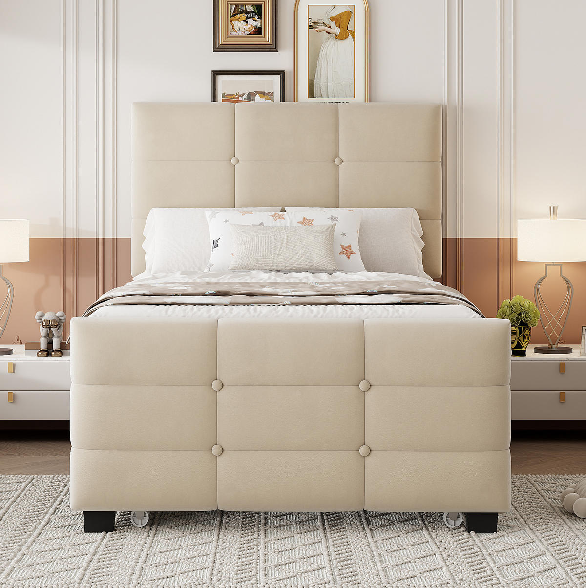 ČALOUNĚNÁ postel 90 x 190 cm béžová z sametu s výsuvným lůžkem a lamelovým roštem - béžová, textil (90/190cm) - OKWISH