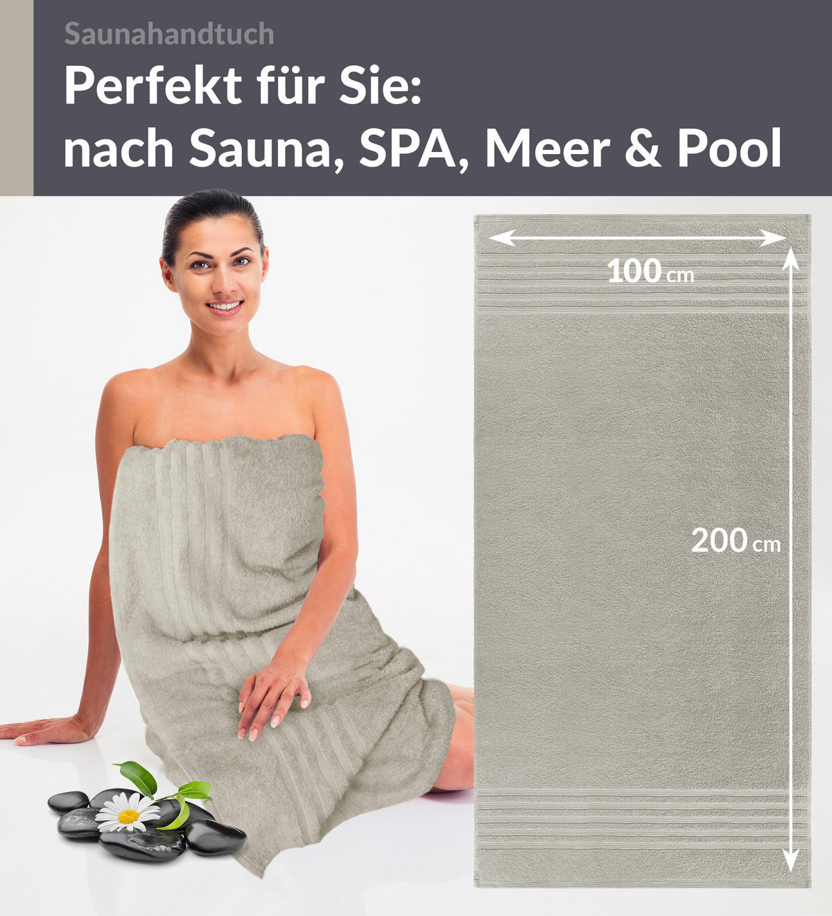 BADETUCH London Kiesel Grau 100x200 cm - Sandfarben, Textil (100/200cm) - Lashuma