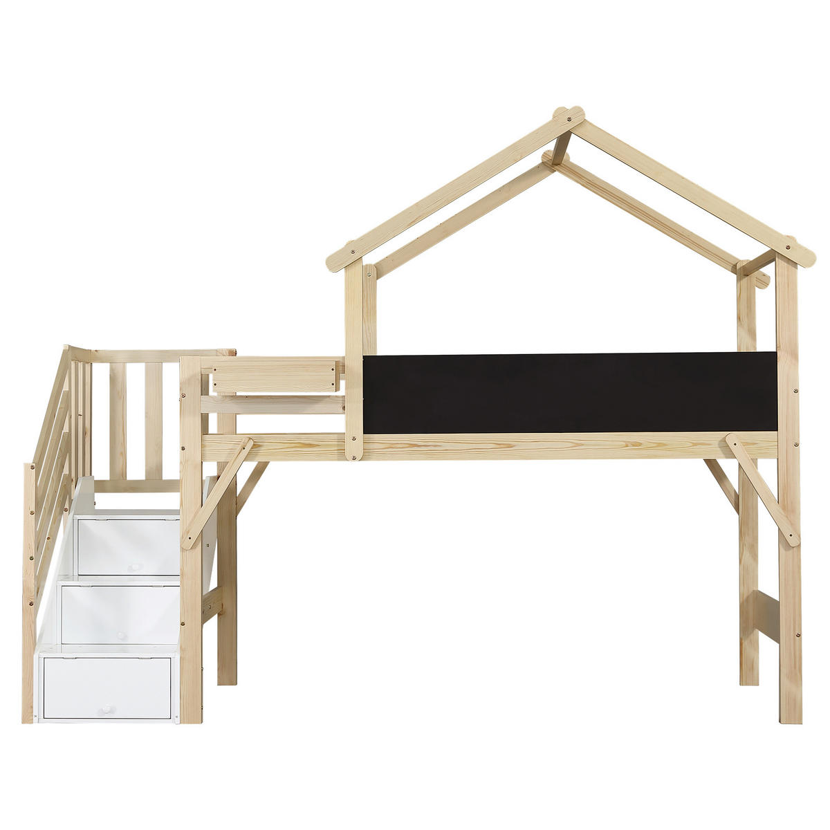 ETAGENBETT 90/200 cm mit Kreidetafel, Stauraumtreppe und Dachrahmen aus Holz, Weiß/Natur - Weiß, Holzwerkstoff (90/200cm) - Redom