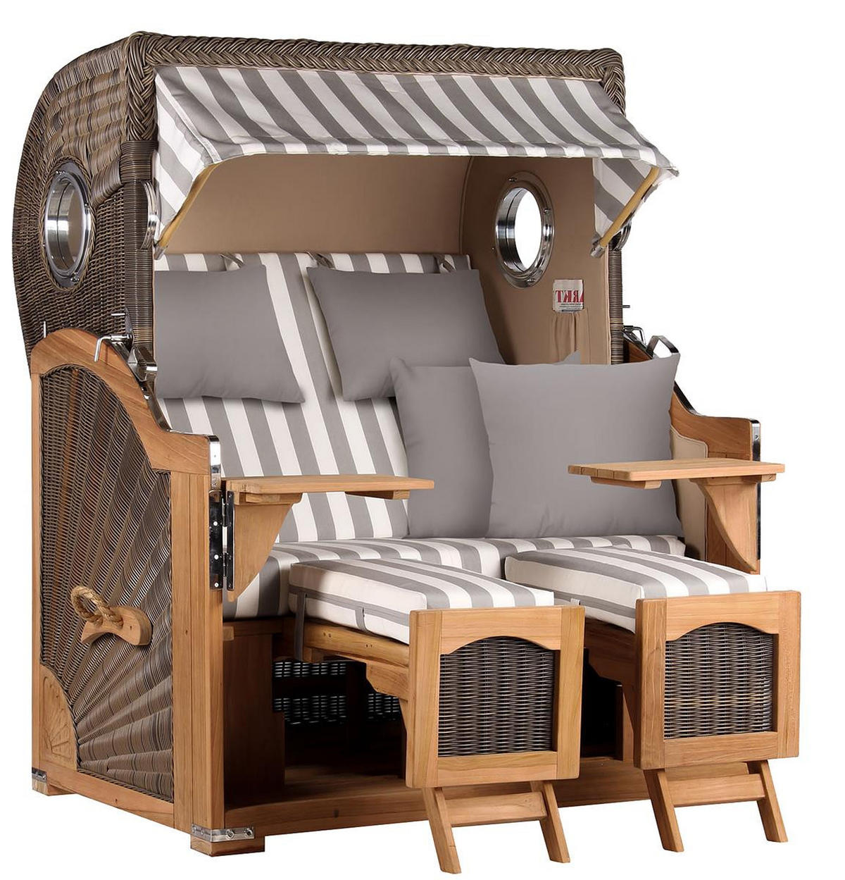 STRANDKORB Düne Grande Bullauge Teak PE Grey Dessin 513 - Braun/Grau, Metall (142/170/95cm) - Mr. Deko