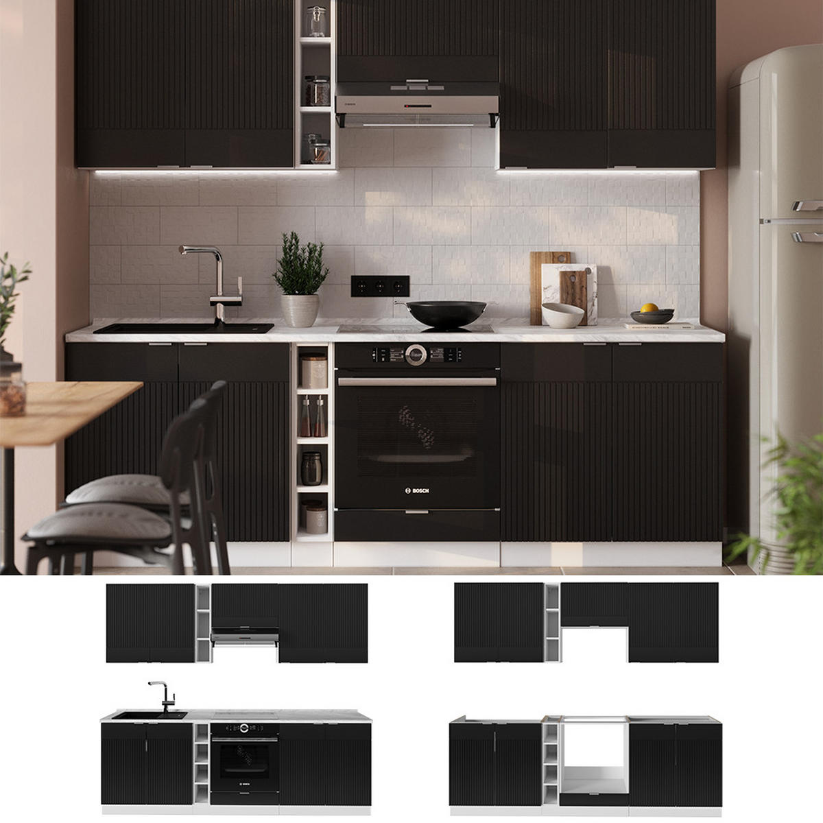 KÜCHENZEILE Fame-Line, Schwarz gestreift/Weiß, 235 cm, AP Eiche - Schwarz/Weiß, Holzwerkstoff (235/81.6/60cm) - Vicco