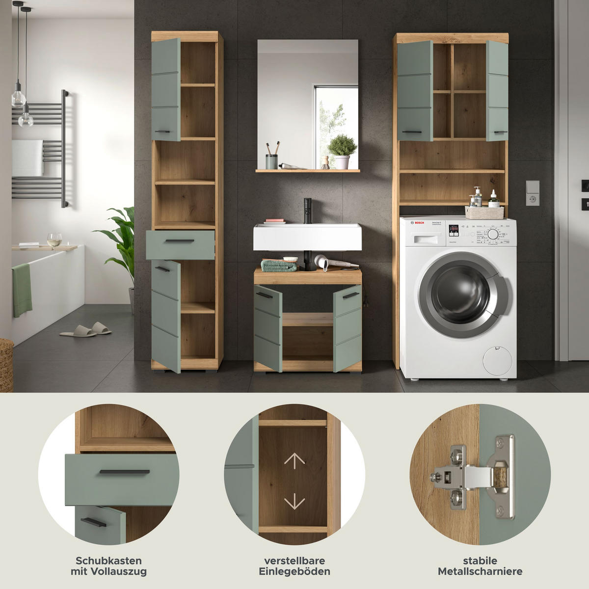 BADKOMBINATION 4tlg. Scout Bad in Artisan Eiche Nachbildung und Salbei Nachbildung B/H/T: 190x191x34 cm - Eiche Artisan, Holz (190/191/34cm)