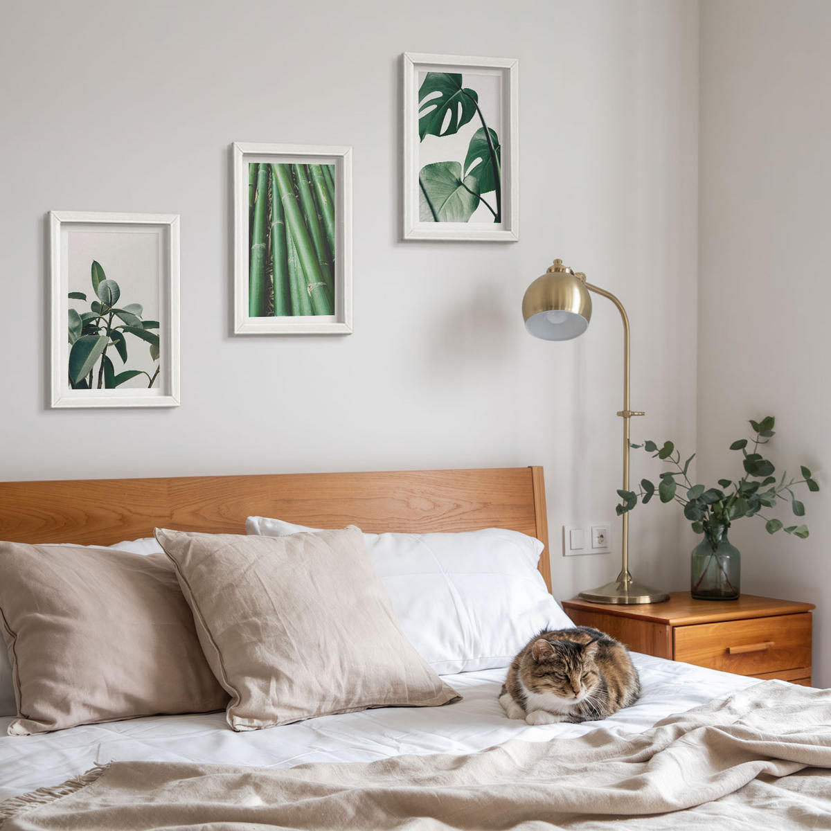 BILDER SET 3er Set - 20x30 cm Weißer Rahmen - Bambusstängel und Monstera-Blätter - Weiß, Kunststoff (20/30cm) - TULUP