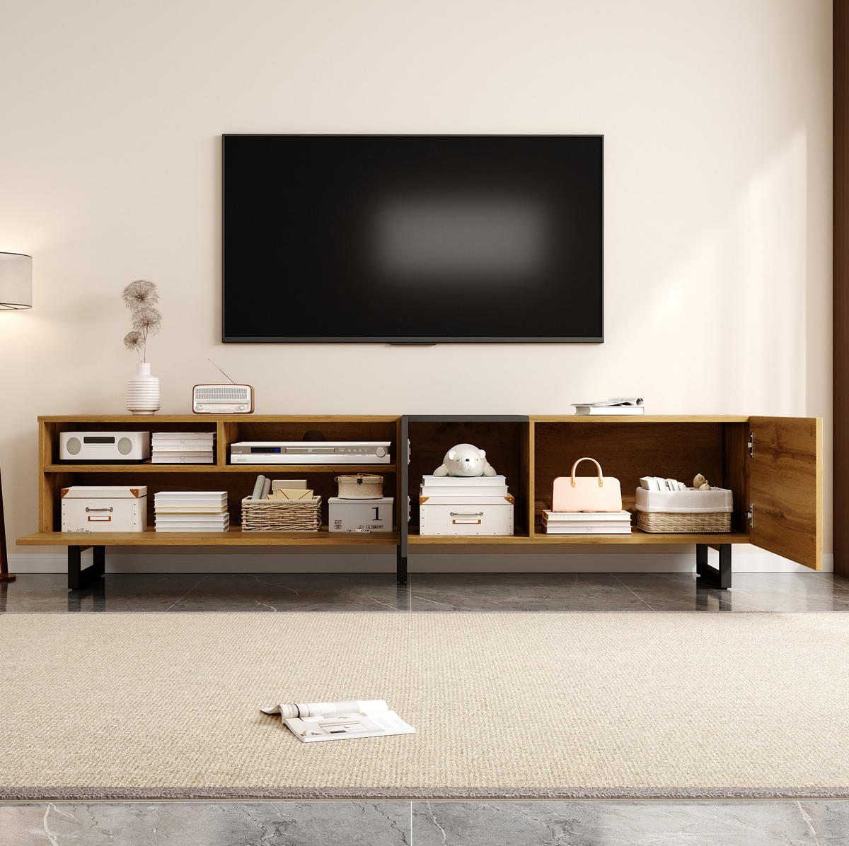 TV ormarić 170/42/36,5 cm tamnosivi i prirodni od iverice s 3 vrata i 2 otvorena pretinca - prirodne boje, drvni materijal (170/42/36.5cm) - OKWISH