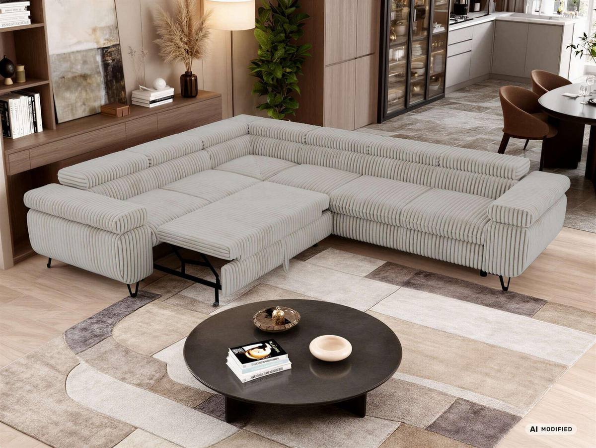 ECKSOFA NORDEN L - Beige Cord - Rechts Seite - Beige/Creme, Textil/Metall (329/269cm) - MKS