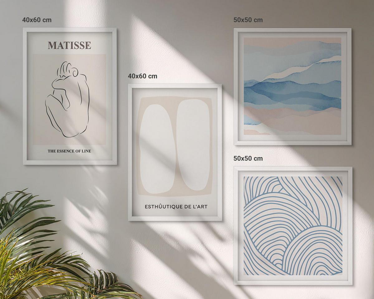 WANDBILDER 4er-Set - 50x50 cm & 40x60 cm Weißer Rahmen - Matisses abstrakte Formen - Weiß, Kunststoff (50/50cm) - ArtPrintCave