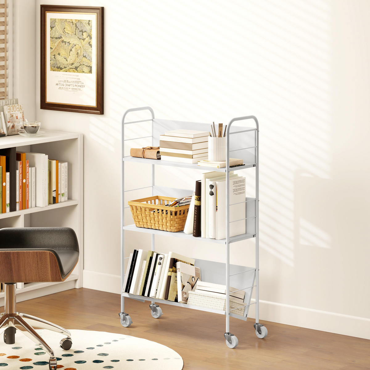 BÜCHERREGAL Mobiles Aufbewahrungsregal mit 3 Ebenen Rädern Spielzeugregal Weiß - Weiß, Metall (26/108/69cm) - HOMCOM