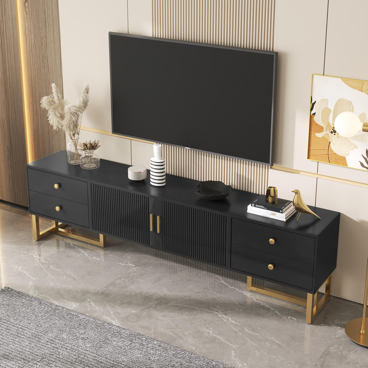 TV-SCHRANK in Schwarz mit 4 Schubladen, Türen und goldfarbenen Füßen 175/30/46 cm - Schwarz, Holzwerkstoff (175/46/30cm) - Redom