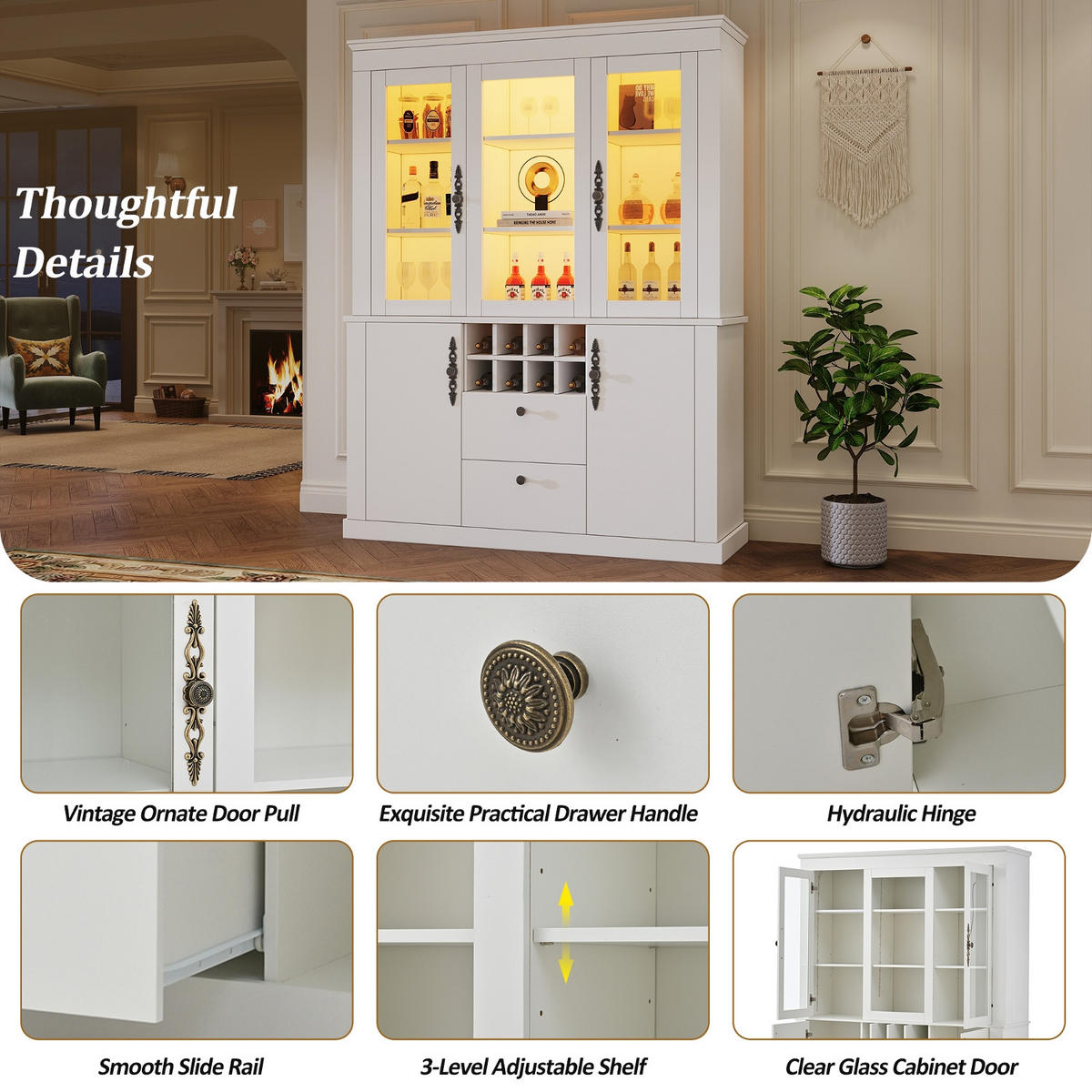 KÜCHENSCHRANKMIT LED-BELEUCHTUNG 130/170,5/37,5 cm Spanplatte, Glas Weiß, 8 WEINREGALE, Wohnzimmerschrank - Weiß, Holzwerkstoff (37.5/170.5/130cm) - Rolipo