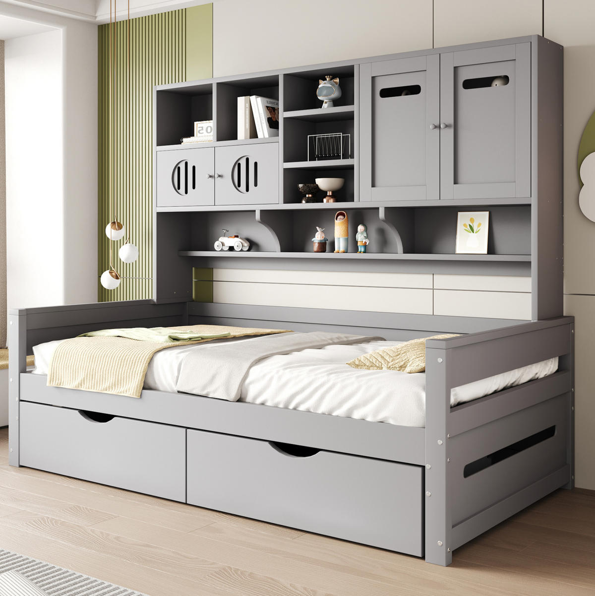 MULTIFUNKTIONSBETT aus Kiefernholz 90x200 cm Grau mit Stauraum, 2 Schubladen und Aufsatzregal - Grau, Holz (90/200cm) - Modfu