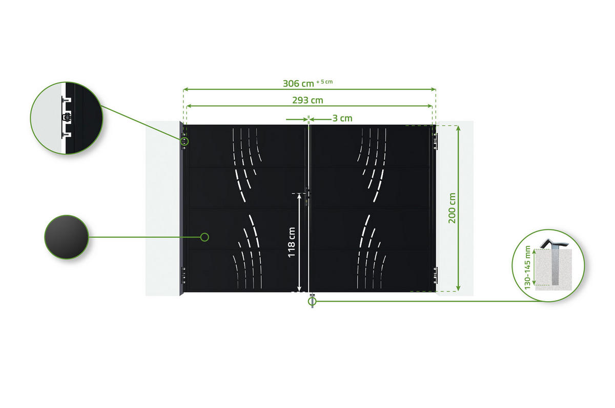 STAHLFLÜGELTOR Nali Veleta Mattschwarz 3m H.200cm - Schwarz, Metall (293/200cm) - Casanoov