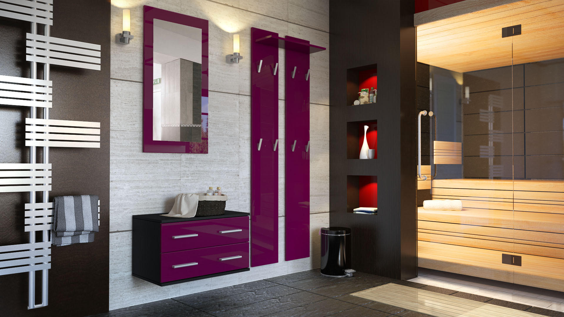 GARDEROBE Kioto Front in Brombeer Hochglanz - Brombeere, Holzwerkstoff (170/200/35cm) - Vladon
