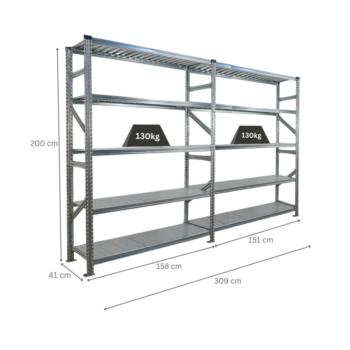 FACHBODENREGAL Proximo Stecksystem 200x300x40cm 5 Ebenen Fachlast 130 kg Beidseitig nutzbar Verzinkt - Silberfarben, Metall (300/200/40cm) - PROREGAL