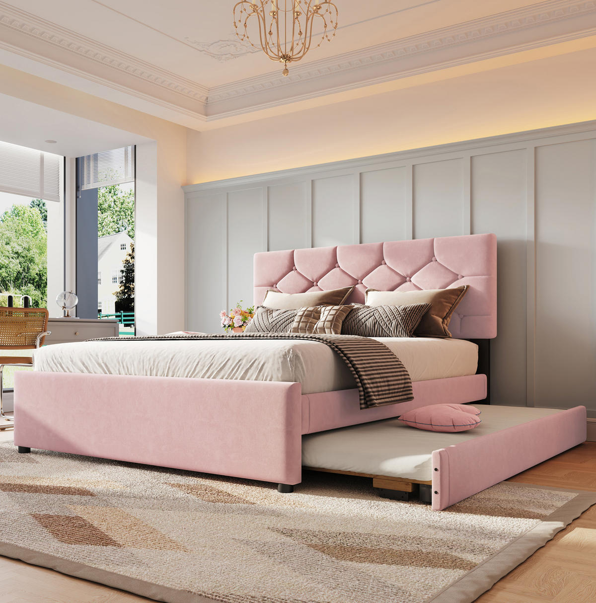 POLSTERBETT 140/200 cm mit Lattenrost, ausziehbarem Rollbett und Samtbezug, Rosa - Rosa, Textil (140/200cm) - Redom