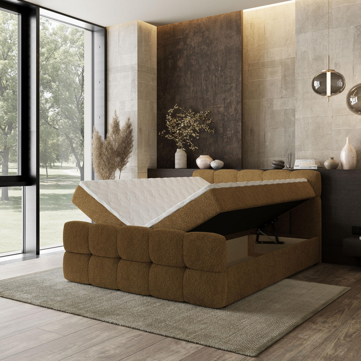 BOXBETT BRUME 180x200 cm mit Matratze und Topper, H2+H3 - Orange - Orange, Holz (180/200cm) - MASSENO