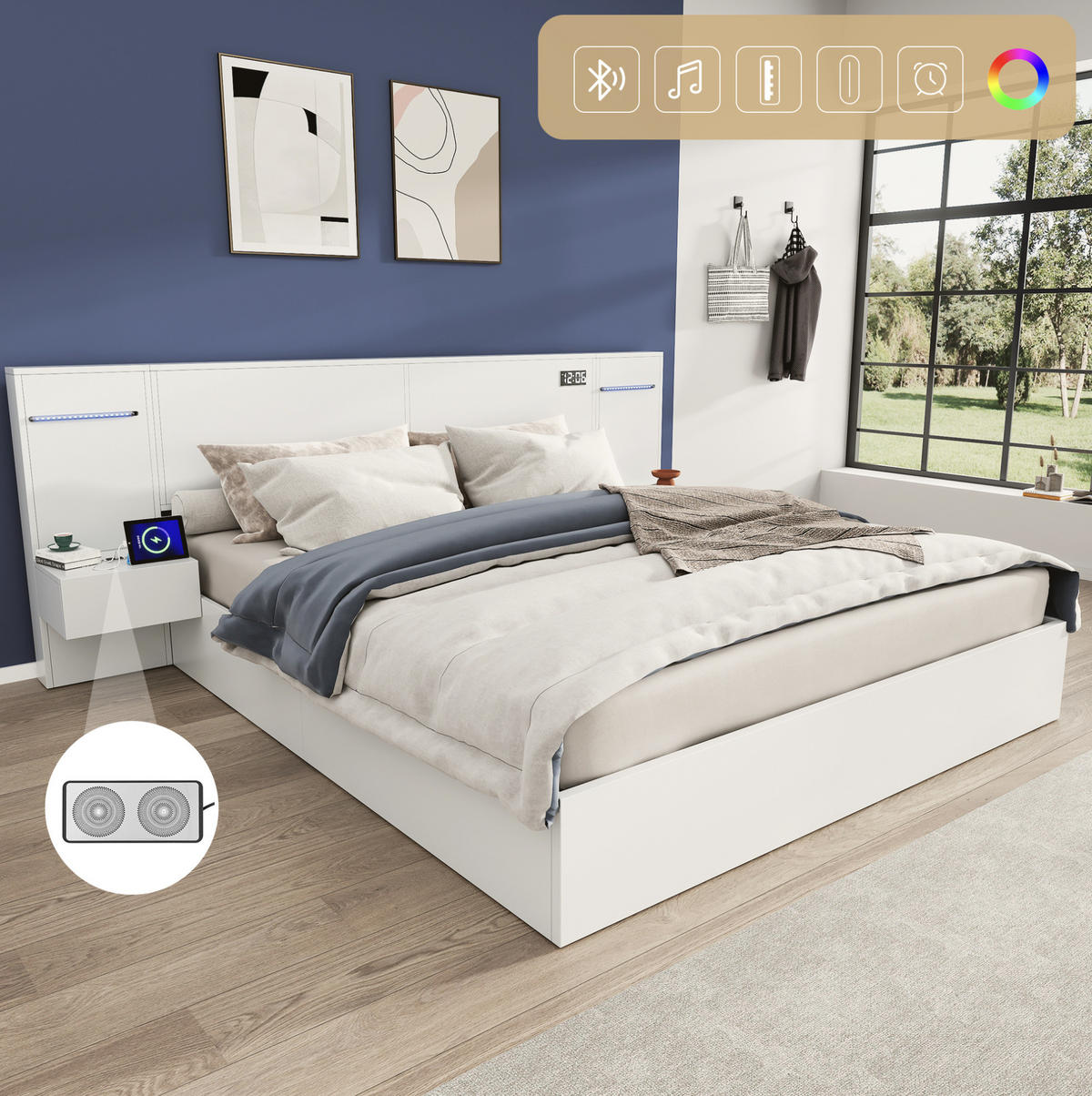 MANŽELSKÁ posteľ 180/200 cm biela z MDF s Bluetooth reproduktormi, USB a svetelným pásom - biela, kompozitné drevo (180/200cm) - OKWISH