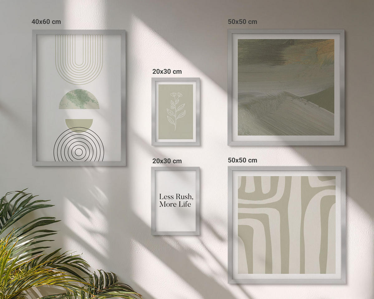BILDER SET 5er Set - 50x50 cm & 20x30 cm & 40x60 cm Silberner Rahmen - Geometrische Pflanzenmuster - Silberfarben, Kunststoff (40/60cm) - TULUP