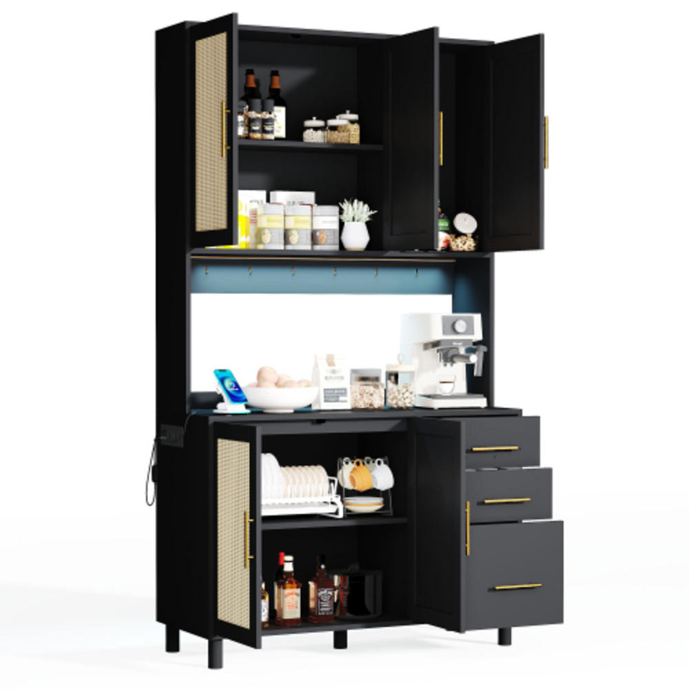 KÜCHENSCHRANK Schwarz aus MDF mit Rattanfront, LED-Beleuchtung und integrierten Steckdosen 100×40×183 cm - Schwarz, Holzwerkstoff (100/183/40cm) - Luhomfu